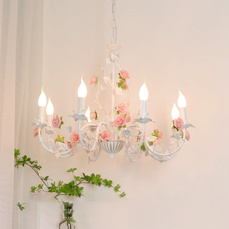 French Iron Ceramic Rose Candlestick Chandelier