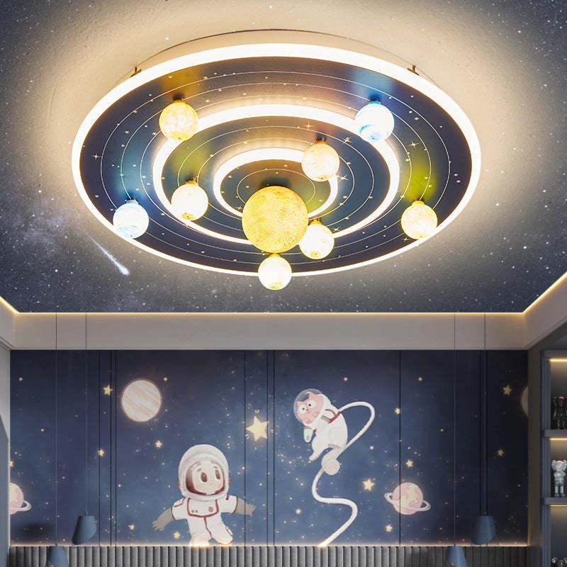 Kids Round Space Planet Iron LED Flush Ceiling Light