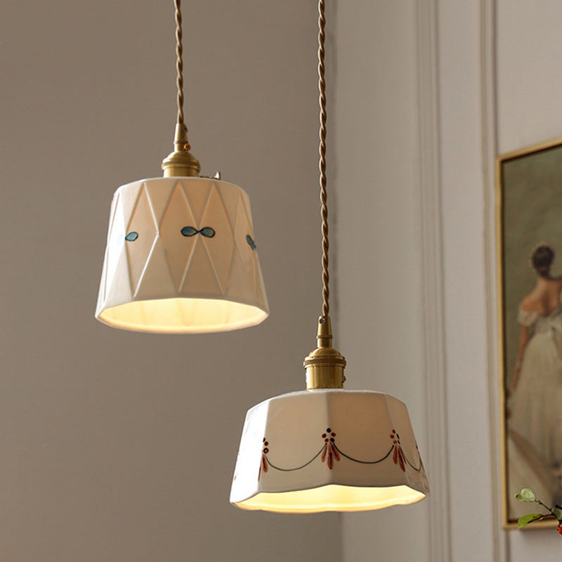 French Iron Ceramic Brass Cylinder Pendant Light