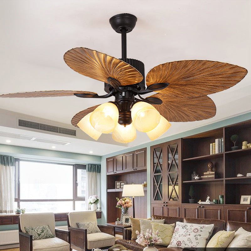 Retro Bell Palm-Leaf Ceiling Fan Light