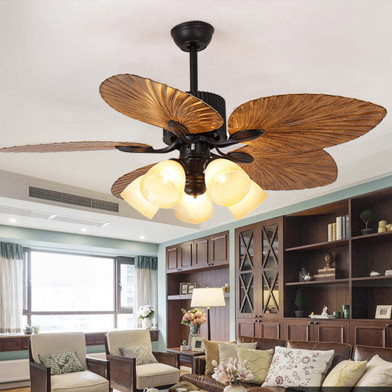 Retro Bell Palm-Leaf Ceiling Fan Light