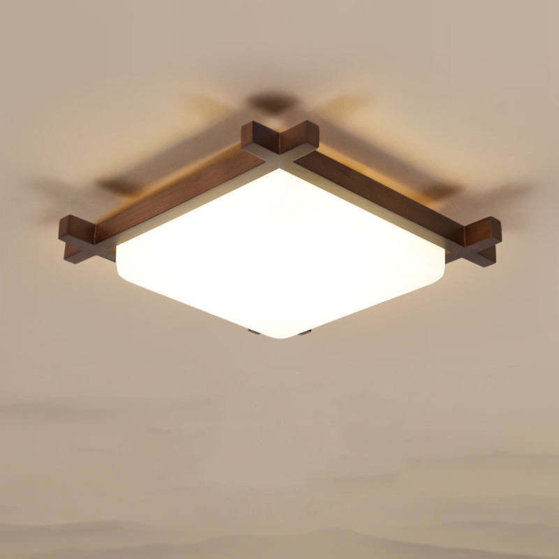 Japanese Square Rubberwood Acrylic LED Flush Mount Light