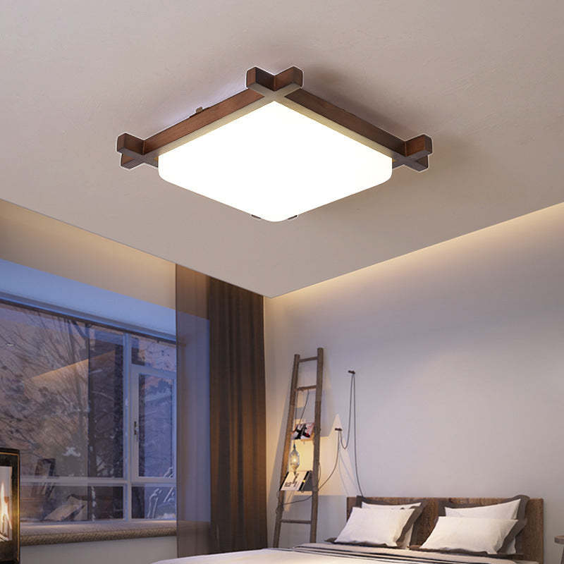 Japanese Square Rubberwood Acrylic LED Flush Mount Light