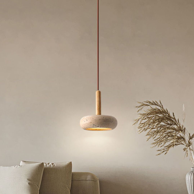 Japanese Round Travertine Wood LED Island Pendant