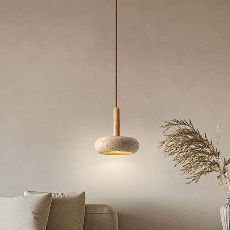Japanese Round Travertine Wood LED Island Pendant