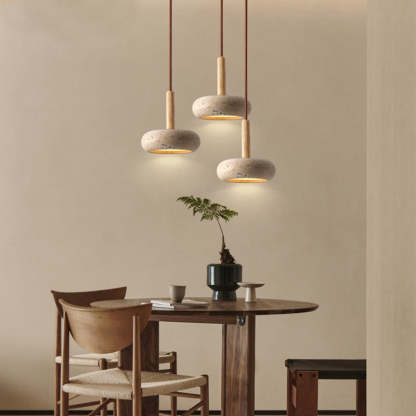 Japanese Round Travertine Wood LED Island Pendant