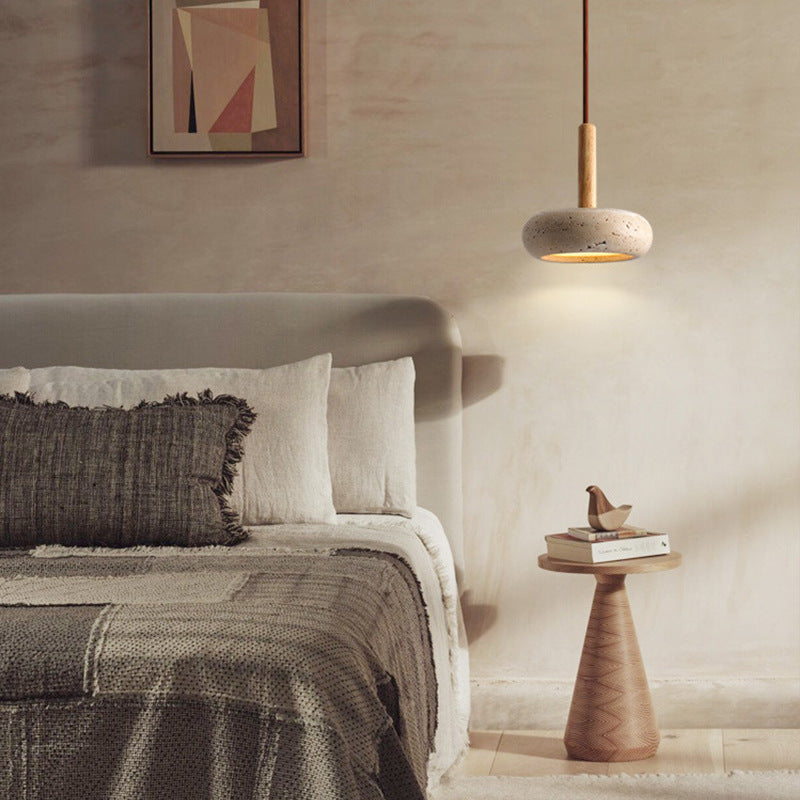 Japanese Round Travertine Wood LED Island Pendant