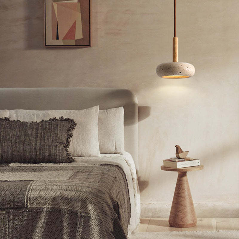 Japanese Round Travertine Wood LED Island Pendant