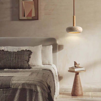Japanese Round Travertine Wood LED Island Pendant