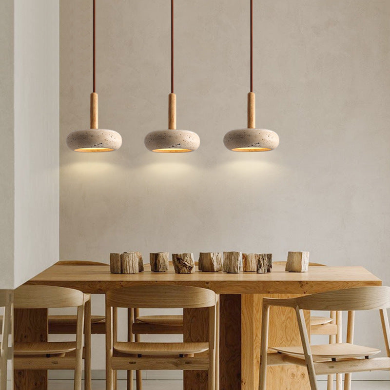 Japanese Round Travertine Wood LED Island Pendant