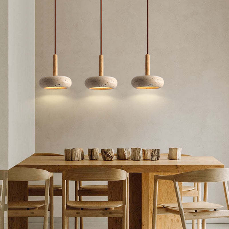 Japanese Round Travertine Wood LED Island Pendant