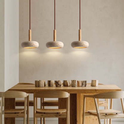 Japanese Round Travertine Wood LED Island Pendant