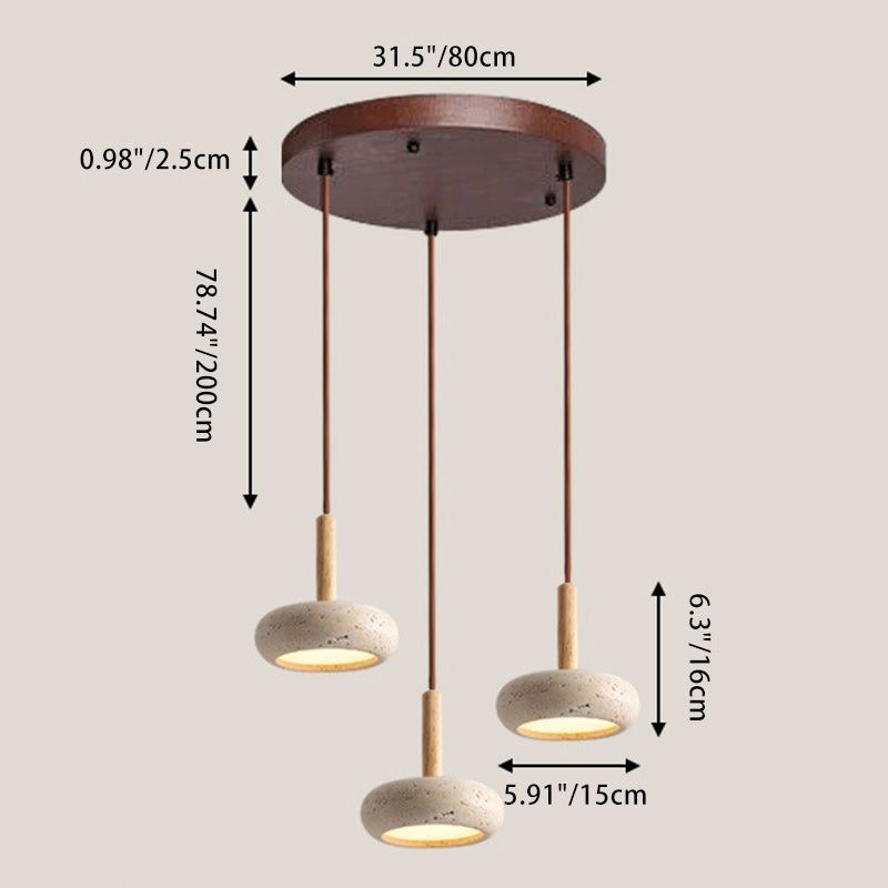 Japanese Round Travertine Wood LED Island Pendant