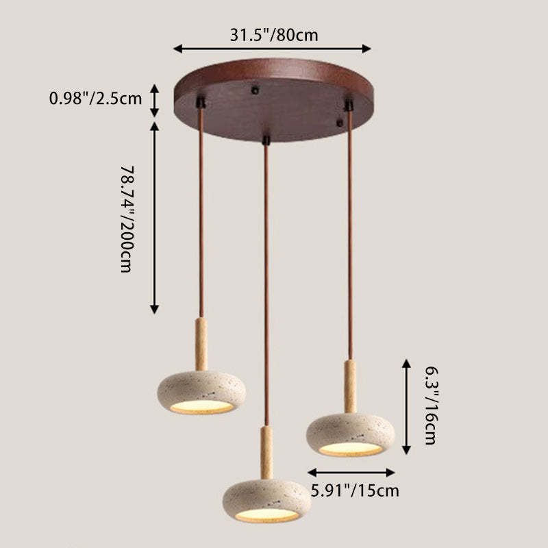 Japanese Round Travertine Wood LED Island Pendant