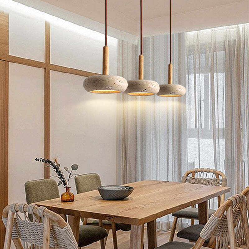 Japanese Round Travertine Wood LED Island Pendant