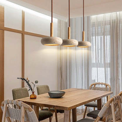 Japanese Round Travertine Wood LED Island Pendant
