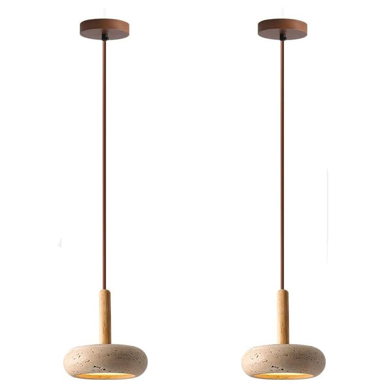 Japanese Round Travertine Wood LED Island Pendant