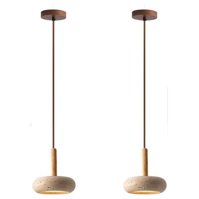 Japanese Round Travertine Wood LED Island Pendant