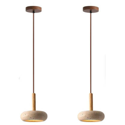 Japanese Round Travertine Wood LED Island Pendant