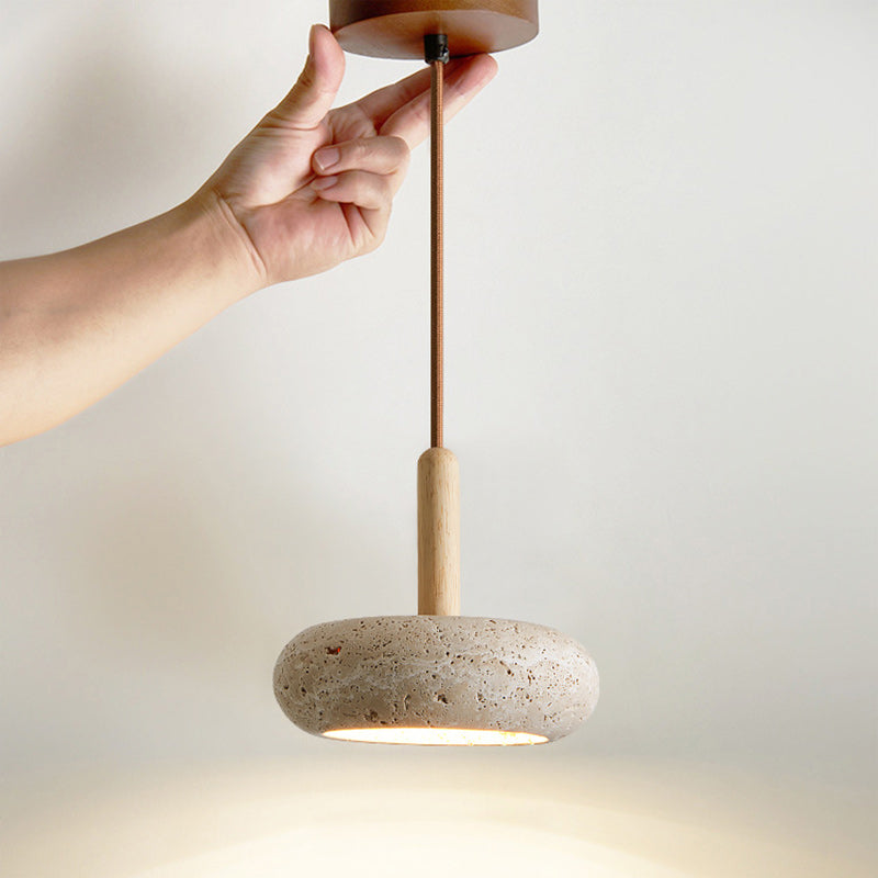 Japanese Round Travertine Wood LED Island Pendant