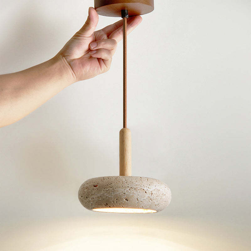 Japanese Round Travertine Wood LED Island Pendant