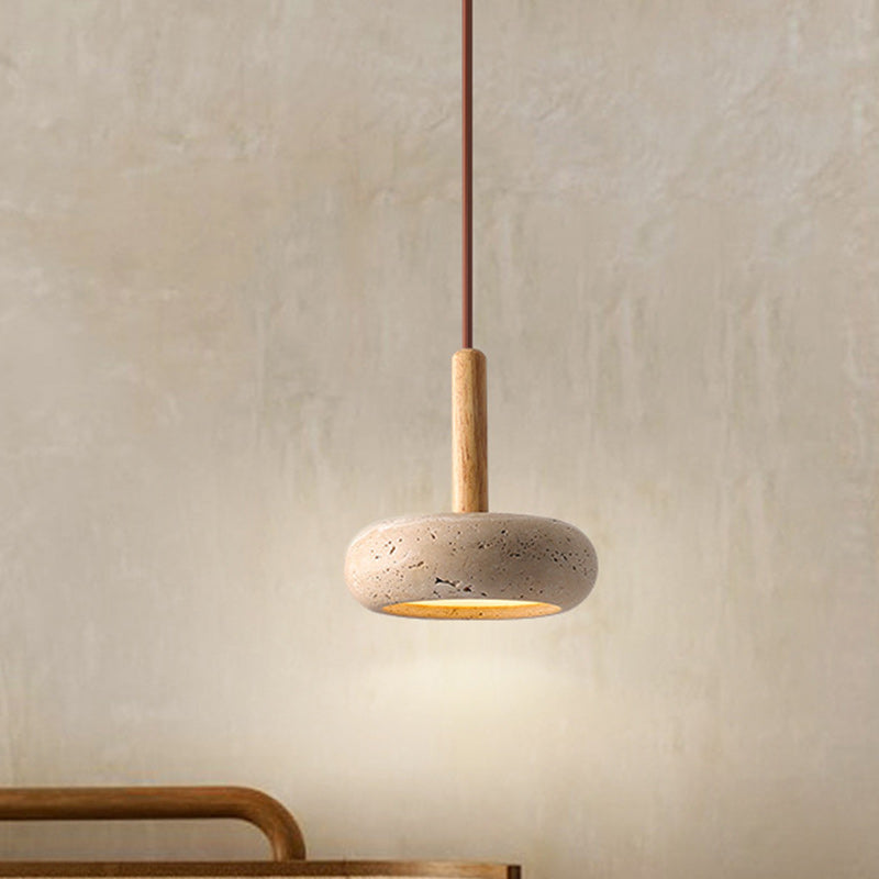 Japanese Round Travertine Wood LED Island Pendant