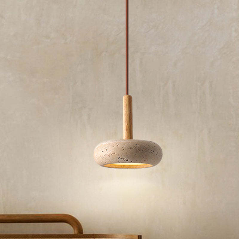 Japanese Round Travertine Wood LED Island Pendant