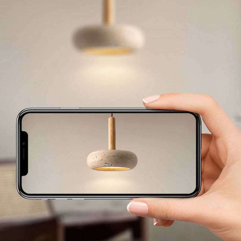 Japanese Round Travertine Wood LED Island Pendant