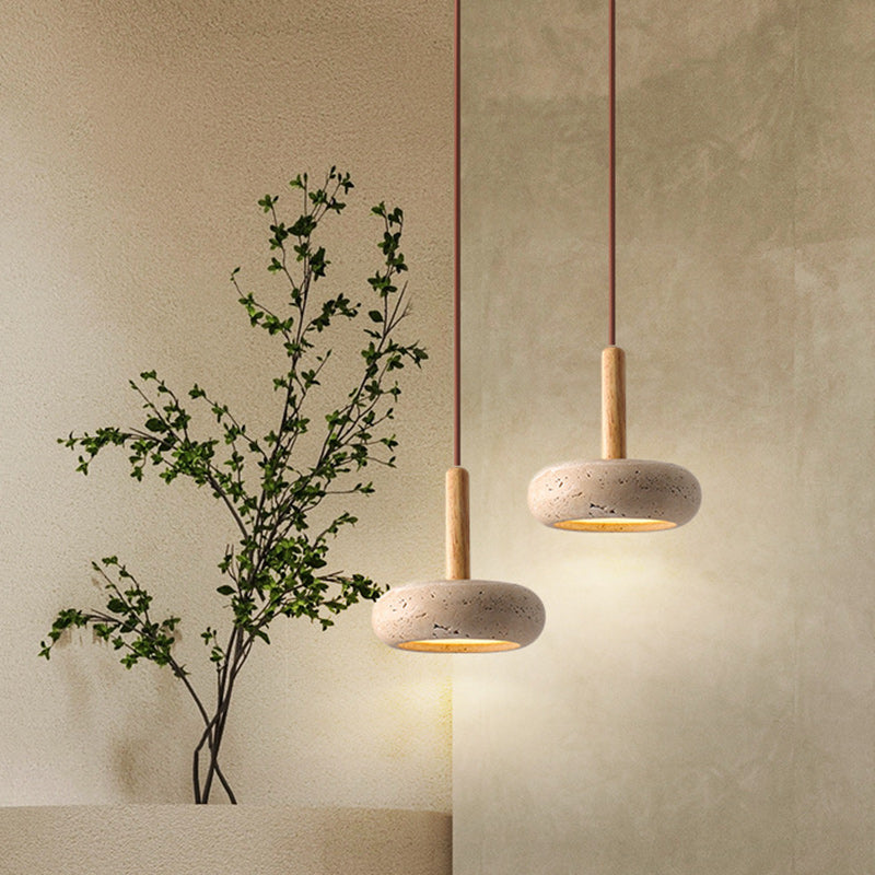 Japanese Round Travertine Wood LED Island Pendant