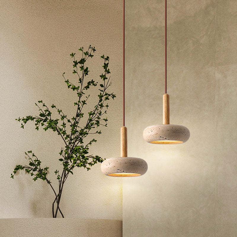 Japanese Round Travertine Wood LED Island Pendant