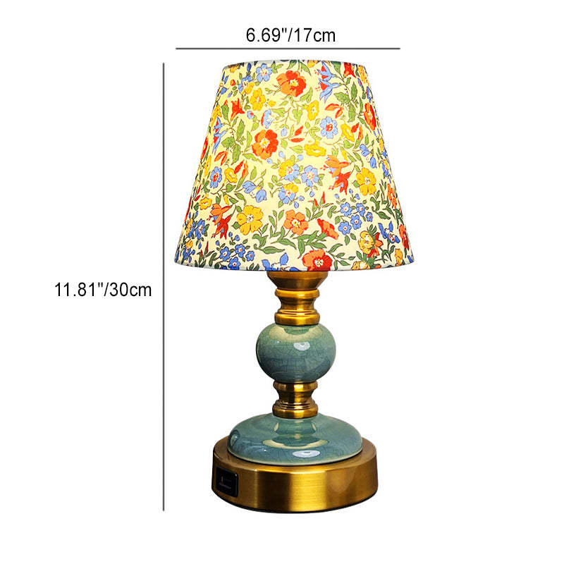 French Fabric Ceramic Alloy Cylinder Flower Table Lamp