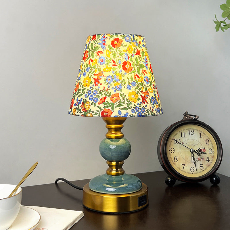 French Fabric Ceramic Alloy Cylinder Flower Table Lamp