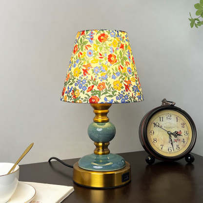 French Fabric Ceramic Alloy Cylinder Flower Table Lamp