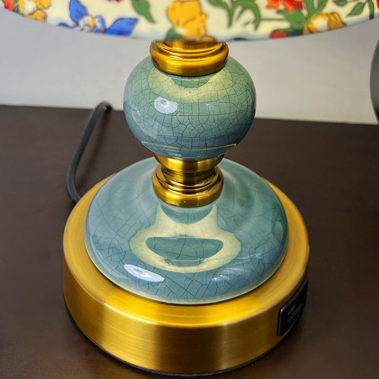French Fabric Ceramic Alloy Cylinder Flower Table Lamp