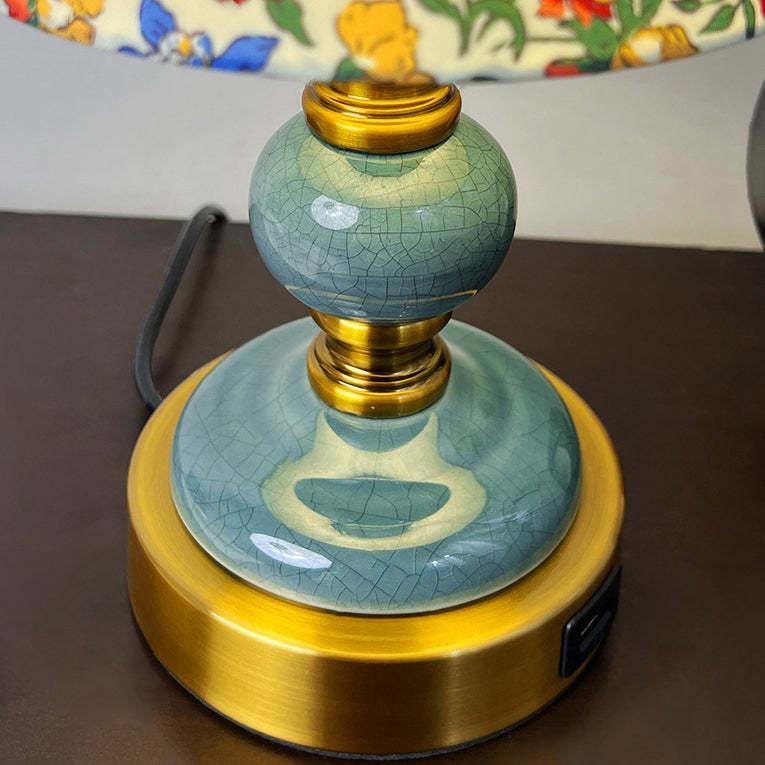 French Fabric Ceramic Alloy Cylinder Flower Table Lamp