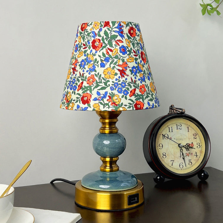 French Fabric Ceramic Alloy Cylinder Flower Table Lamp