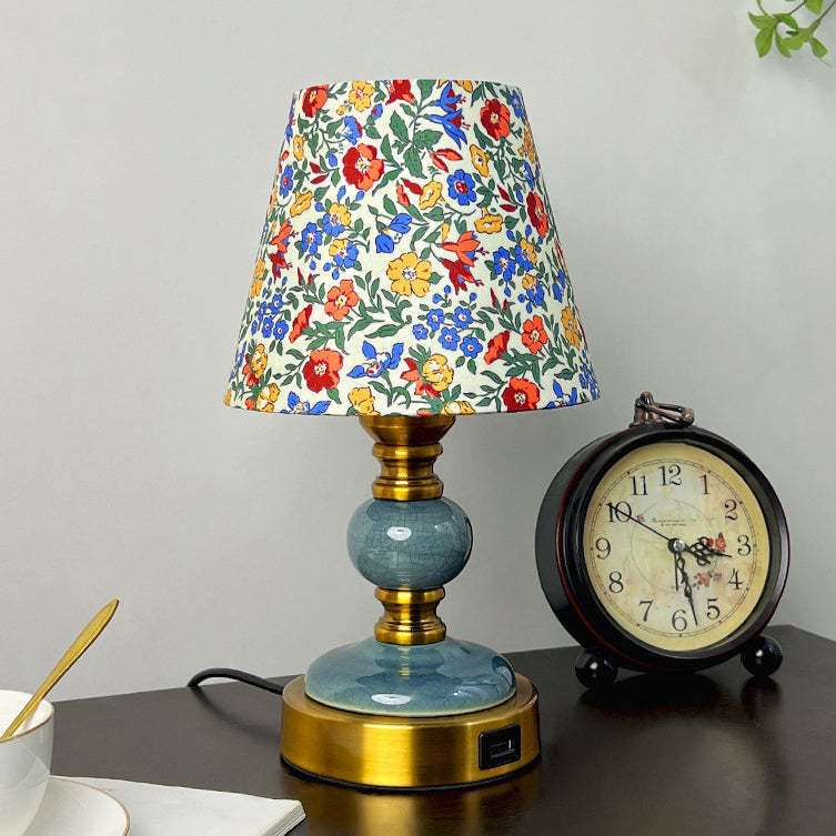 French Fabric Ceramic Alloy Cylinder Flower Table Lamp