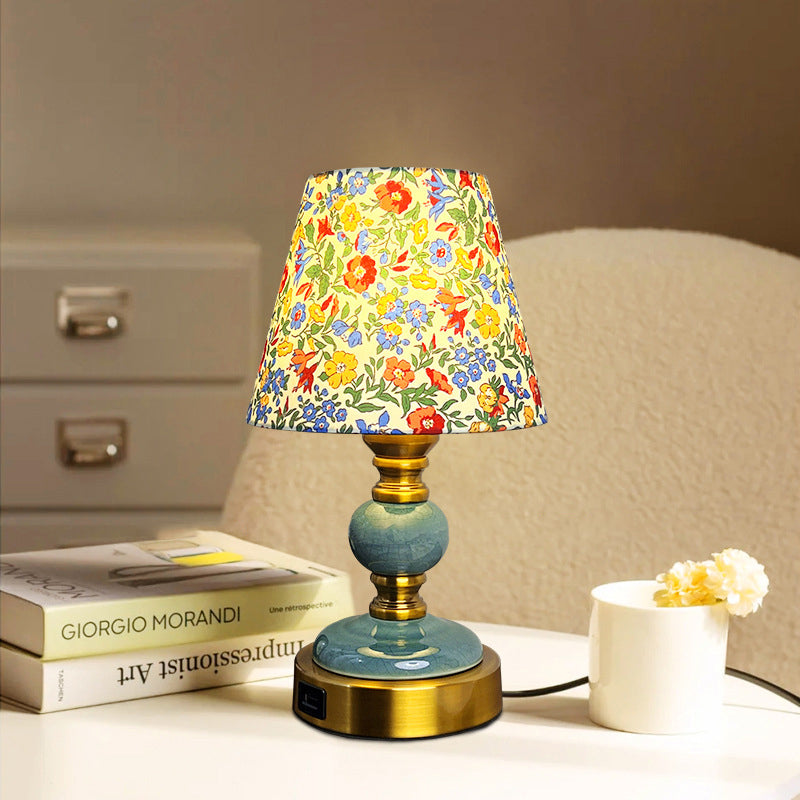 French Fabric Ceramic Alloy Cylinder Flower Table Lamp