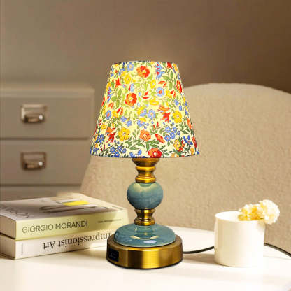 French Fabric Ceramic Alloy Cylinder Flower Table Lamp