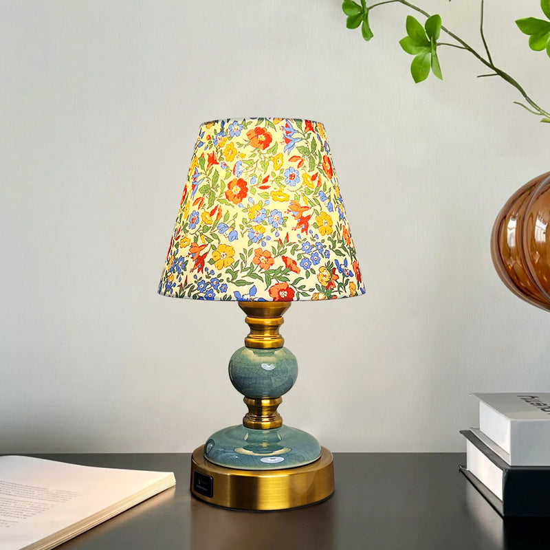 French Fabric Ceramic Alloy Cylinder Flower Table Lamp