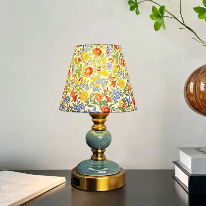 French Fabric Ceramic Alloy Cylinder Flower Table Lamp