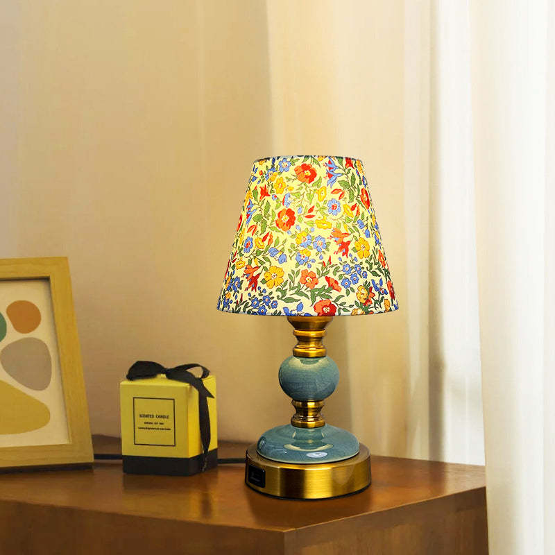 French Fabric Ceramic Alloy Cylinder Flower Table Lamp