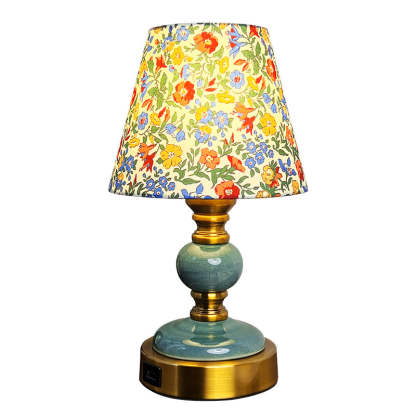 French Fabric Ceramic Alloy Cylinder Flower Table Lamp