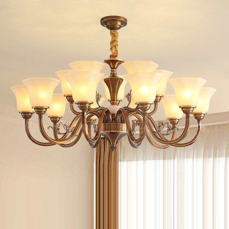 Rustic Copper Iron Glass Marble Column Bell Chandelier