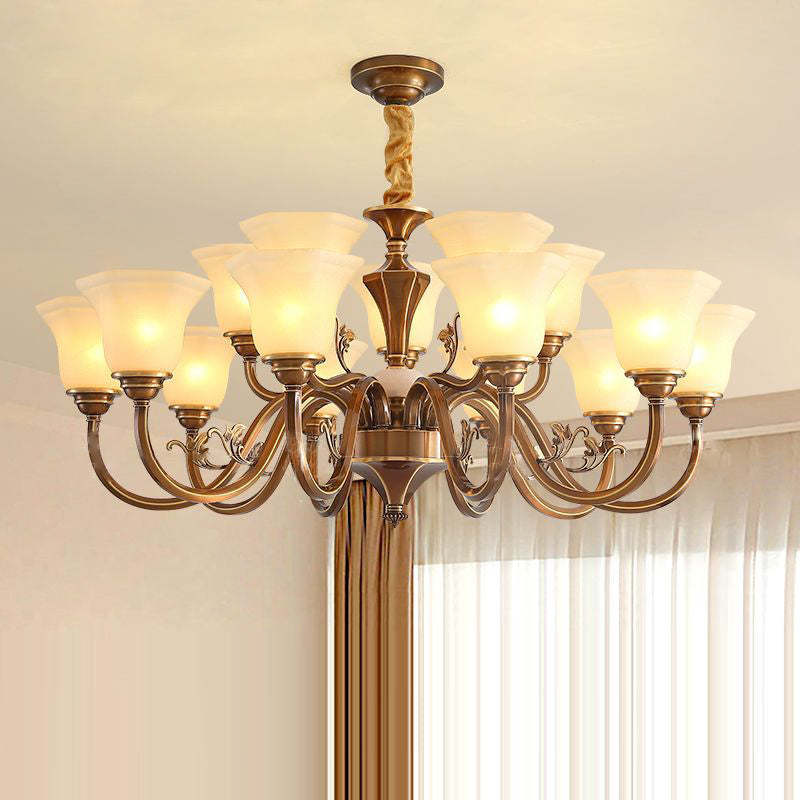 Rustic Copper Iron Glass Marble Column Bell Chandelier