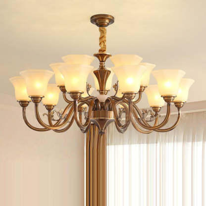 Rustic Copper Iron Glass Marble Column Bell Chandelier