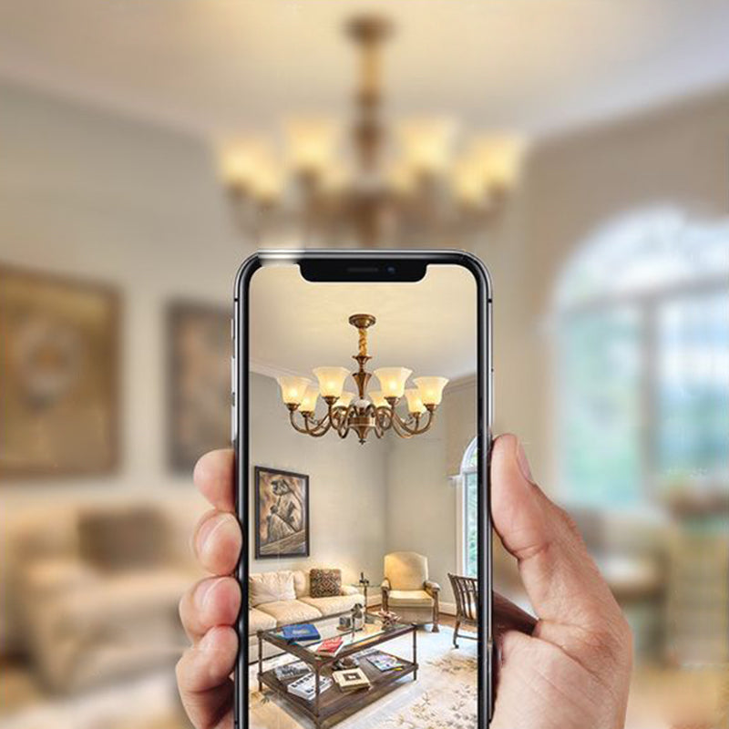 Rustic Copper Iron Glass Marble Column Bell Chandelier