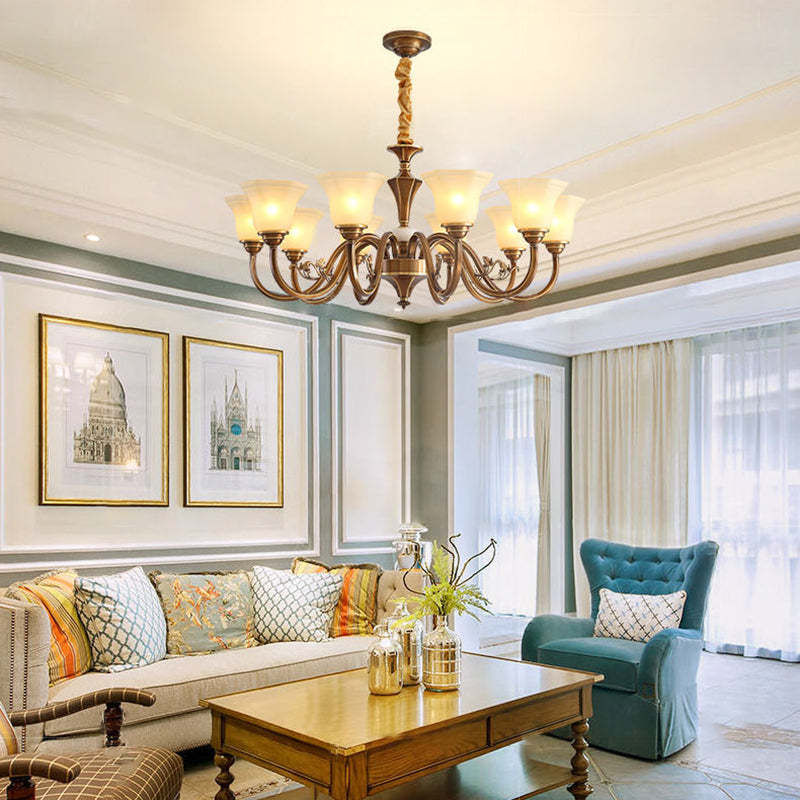 Rustic Copper Iron Glass Marble Column Bell Chandelier — 8 / 110V-120V For US/CA