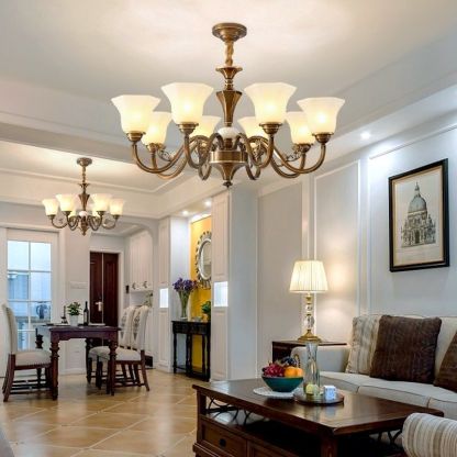 Rustic Copper Iron Glass Marble Column Bell Chandelier — 3 / 110V-120V For US/CA