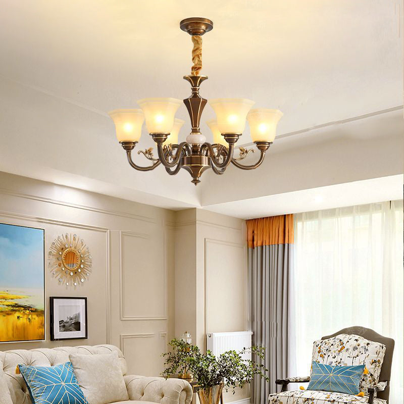 Rustic Copper Iron Glass Marble Column Bell Chandelier — 3 / 220V-240V For UK/AU